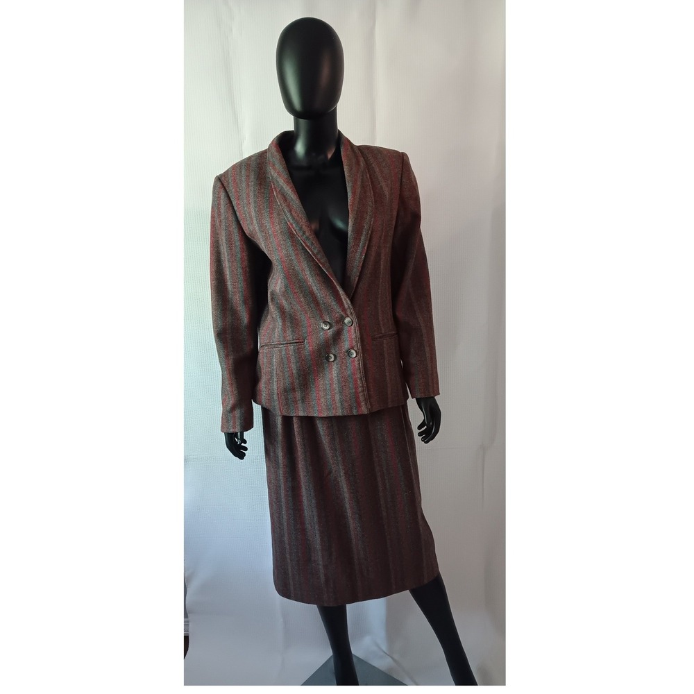 Howard Wolf Womens Brown Striped 100% Wool Skirt Suit Blazer Set Size 12 Vintage